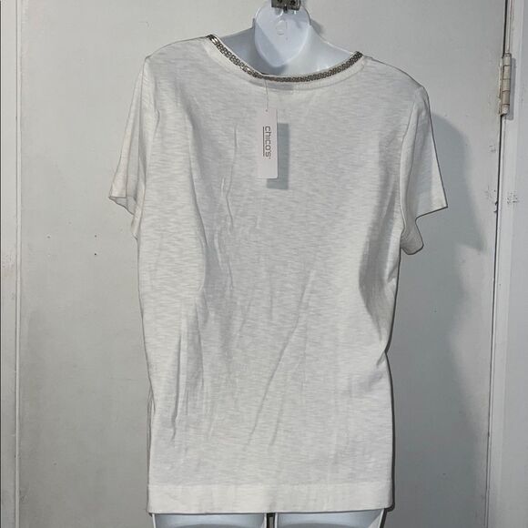 CHICO’S Alabaster Beaded V Neck Short Sleeve Top-1/Medium NWT! - Picture 4 of 9